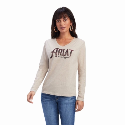 Beige Ariat REAL Chest Logo Relaxed Women's Tops | BEDU56127