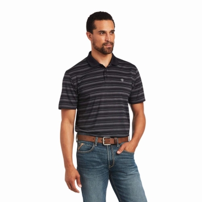 Black Ariat Ombre Stripe Ftd Men's Polo Shirts | CIYT23671