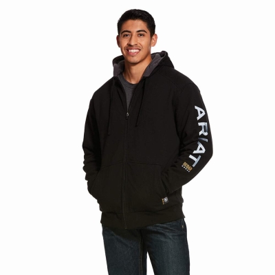 Black Ariat Rebar All-Weather Full Zip Men's Hoodies | LEIT23056