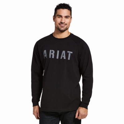 Black Ariat Rebar CottonStrong Block Men's T Shirts | XIAN23405