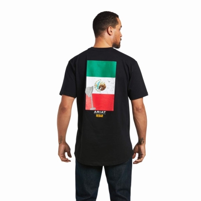 Black Ariat Rebar Cotton Strong Mexican Pride Graphic Men's Tops | RDHI70625