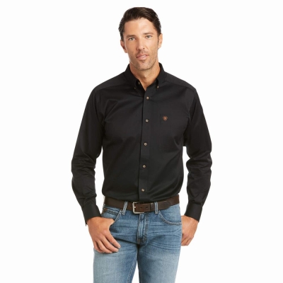 Black Ariat Solid Twill Fitted Men's Shirts | OAVP75203