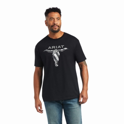 Black Ariat Steer Skull USA Men's Polo Shirts | PMQV92354