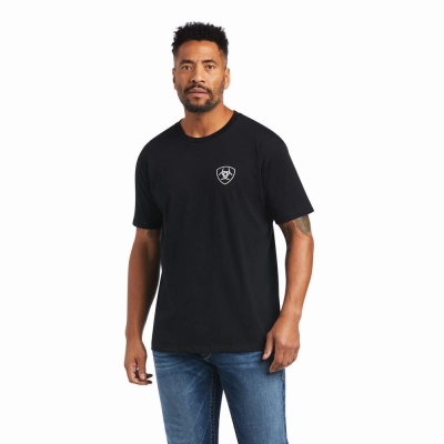 Black Ariat Woodgrain Flag Men's Polo Shirts | MACT59084