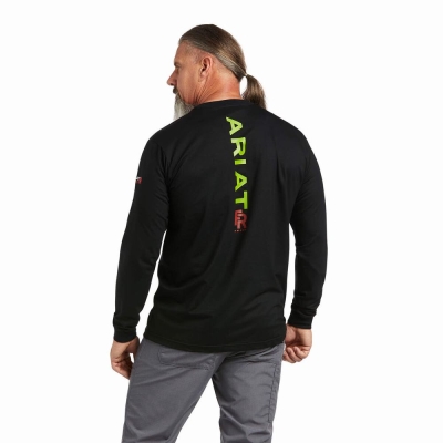 Black Light Green Ariat FR Stretch Logo Men's Shirts | DLOX10526