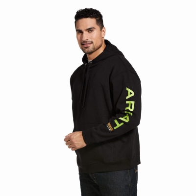 Black Light Green Ariat Rebar Graphic Men's Hoodies | VBSL50392