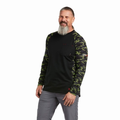 Black Light Green Camo Ariat FR AC Stretch Camo Baseball Men's Shirts | CMRG73195