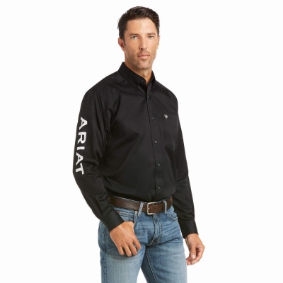 Black White Ariat Team Logo Twill Fitted Men's Shirts | IXOK02516