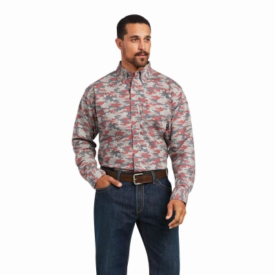 Blue Ariat FR Geo Camo DuraStretch Men's Shirts | OZTY91643