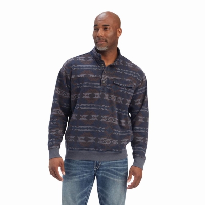 Blue Ariat Printed Overdyed Washed Men's Hoodies | FKEG58701