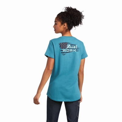 Blue Ariat Rebar Cotton Strong Flag Graphic Women's Tops | QWUE24108