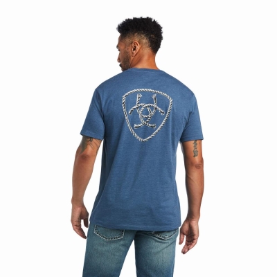 Blue Ariat Rope Shield Men's Polo Shirts | DLUX54038