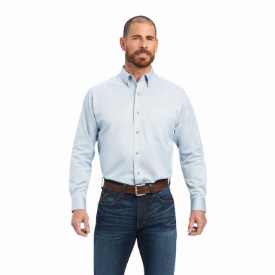 Blue Ariat Solid Twill Men's Shirts | CPDH06819