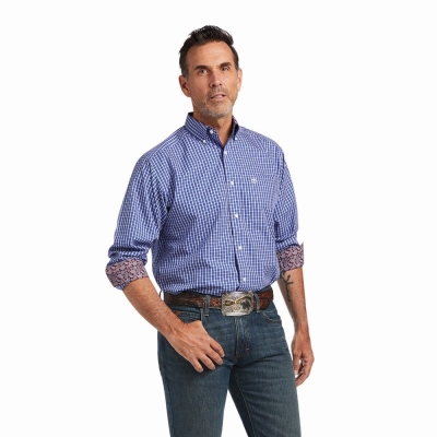 Blue Ariat Wrinkle Free Cairo Classic Fit Men's Shirts | WVIG42713