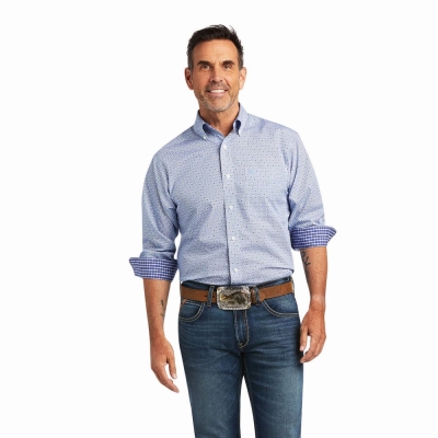 Blue Ariat Wrinkle Free Caysen Classic Fit Men's Shirts | KHWT20675