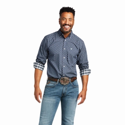 Blue Ariat Wrinkle Free Dov Fitted Men's Shirts | VZRA92401