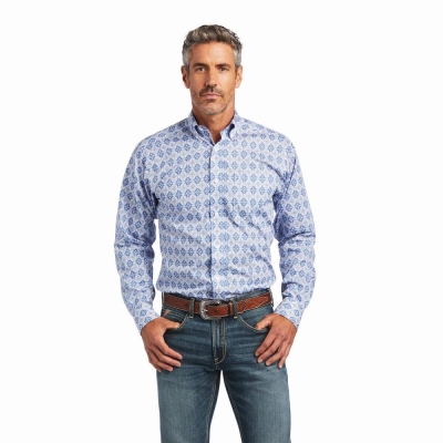 Blue Ariat Wrinkle Free Eliot Fitted Men's Shirts | URVF74968