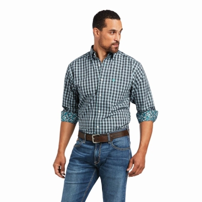 Blue Ariat Wrinkle Free Houston Fitted Men's Shirts | OBWH54923