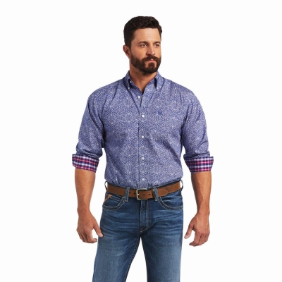 Blue Ariat Wrinkle Free Slater Fitted Men's Shirts | EAWN15074