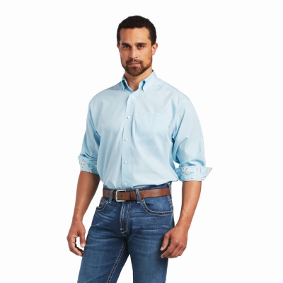 Blue Ariat Wrinkle Free Solid Pinpoint Oxford Classic Fit Men's Shirts | DUKF06345