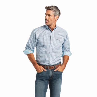 Blue Ariat Wrinkle Free Yair Fitted Men's Shirts | CQVS08175