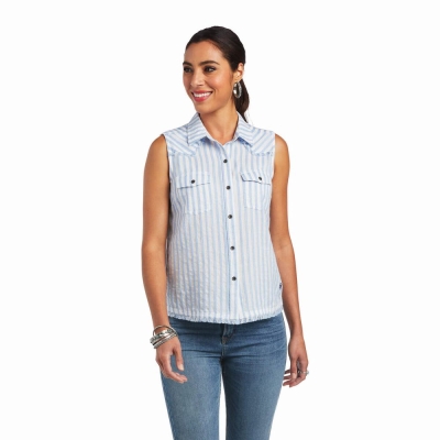 Blue Stripes Ariat Boom Boom Women's Tops | IKSG48093