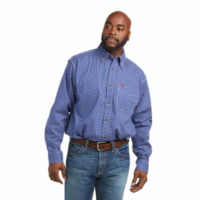 Blue White Ariat FR Murphy Logo DuraStretch Men's Shirts | ECIS81729