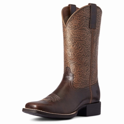 Brown Ariat Round Up Wide Square Toe Women's Western Boots | DGHK10739