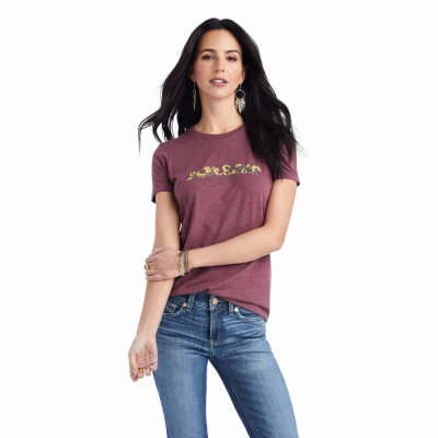 Burgundy Ariat Floral Letters Women's Tops | BZHO93154