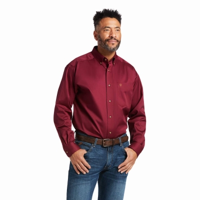 Burgundy Ariat Solid Twill Classic Fit Men's Shirts | WISB28791