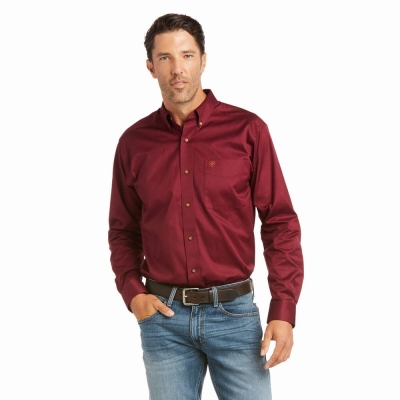 Burgundy Ariat Solid Twill Fitted Men's Shirts | DBFN42751