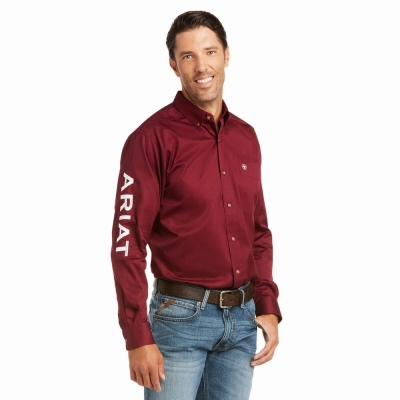 Burgundy White Ariat Team Logo Twill Fitted Men's Shirts | SVGH36245