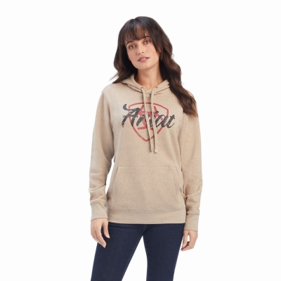 Dark Beige Ariat REAL Shield Logo Women's Hoodies | YCLG30259