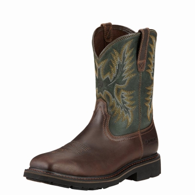 Dark Brown Ariat Sierra Wide Square Toe Steel Toe Men's Work Boots | CWUY89765