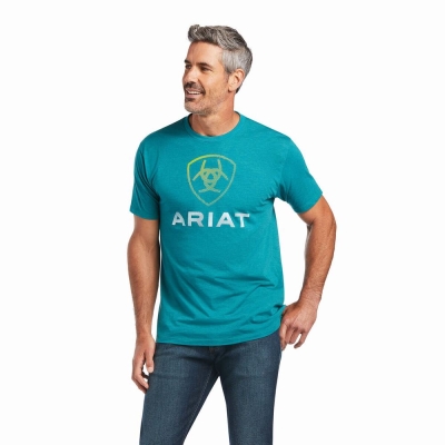 Dark Turquoise Ariat Blends Men's Polo Shirts | QFAI97430