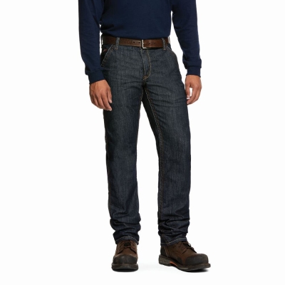 Dark Wash Ariat FR M4 Relaxed Stretch Duralight Workhorse Men's Straight-Fit Jeans | YGEK43629