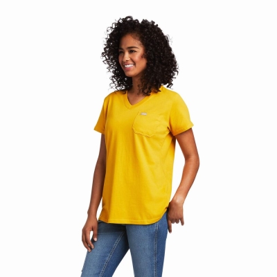 Gold Ariat Rebar Cotton Strong V-Neck Women's Short Sleeve | HAIB78094