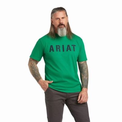 Green Ariat Rebar Cotton Strong Block Men's Short Sleeve | BITN84620