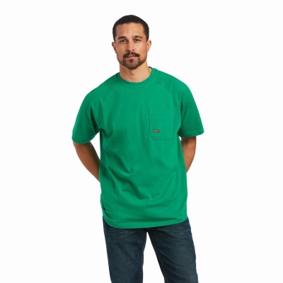 Green Ariat Rebar Cotton Strong Men's Short Sleeve | HCKE85173