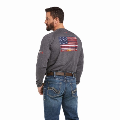 Grey Ariat FR Air Brand Flag Graphic Men's Shirts | MPBH12789