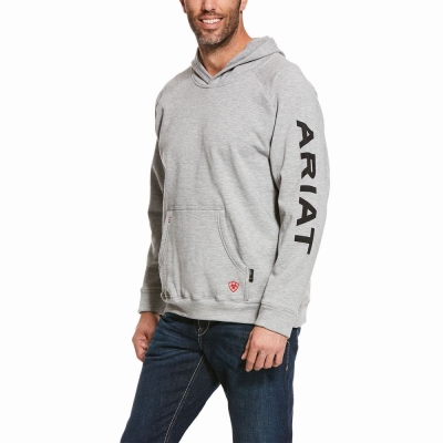 Grey Ariat FR Primo Fleece Logo Men's Hoodies | TSEW94837