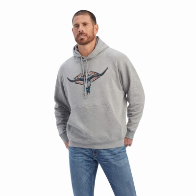 Grey Ariat Horns Southwest Men's Hoodies | FHWM56492