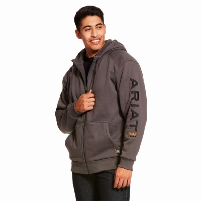 Grey Ariat Rebar All-Weather Full Zip Men's Hoodies | QXCK31468