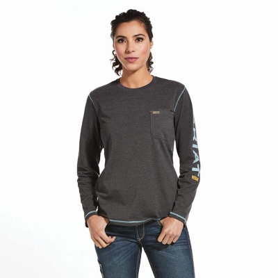 Grey Ariat Rebar Workman Logo Women's T Shirts | XGDM52819