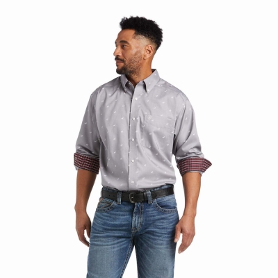 Grey Ariat Wrinkle Free Alvin Classic Fit Men's Shirts | VSLQ90168