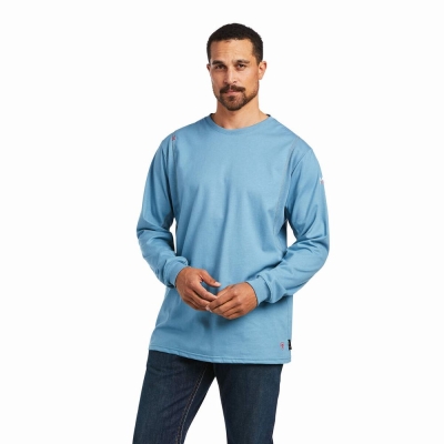 Grey Blue Ariat FR AC Crew Men's Shirts | XDFZ54682