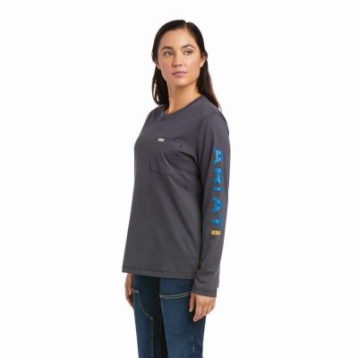 Grey Blue Ariat Rebar Workman Logo Women's T Shirts | CRNZ12645