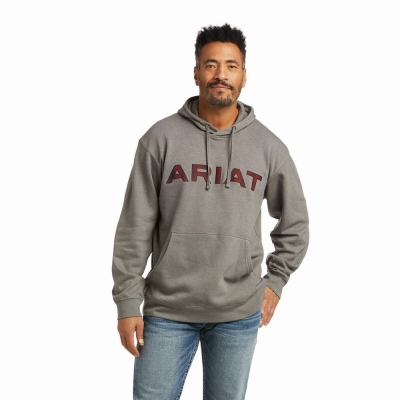 Grey Red Ariat Basic Men's Hoodies | FHNS05863