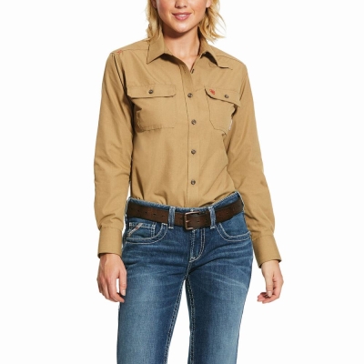 Khaki Ariat FR Featherlight Women's Shirts | KOZJ68907