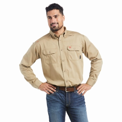 Khaki Ariat FR Solid Men's Shirts | ZMXA20351